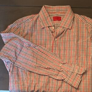 Isaia Men's Red, Black And White Plaid Shirt